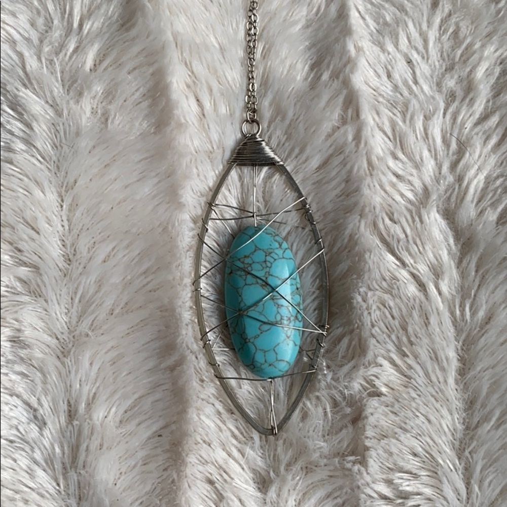 Turquoise wrapped wire necklace long chain